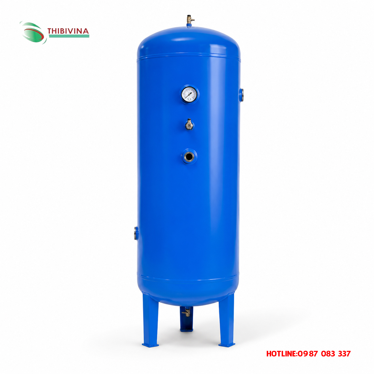Bình chứa khí nén 330L màu xanh, trang bị đồng hồ áp, van an toàn và chân đế chắc chắn