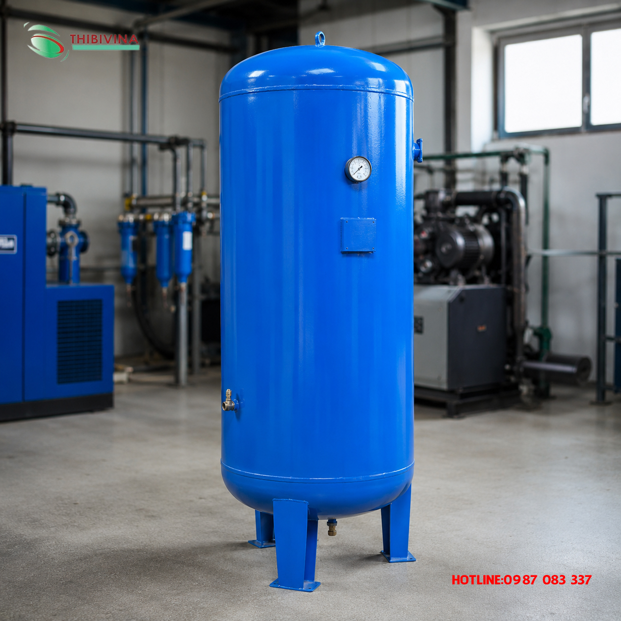 Bình tích khí 330L lắp đặt trong hệ thống máy nén khí công nghiệp, giúp ổn định áp suất khí nén