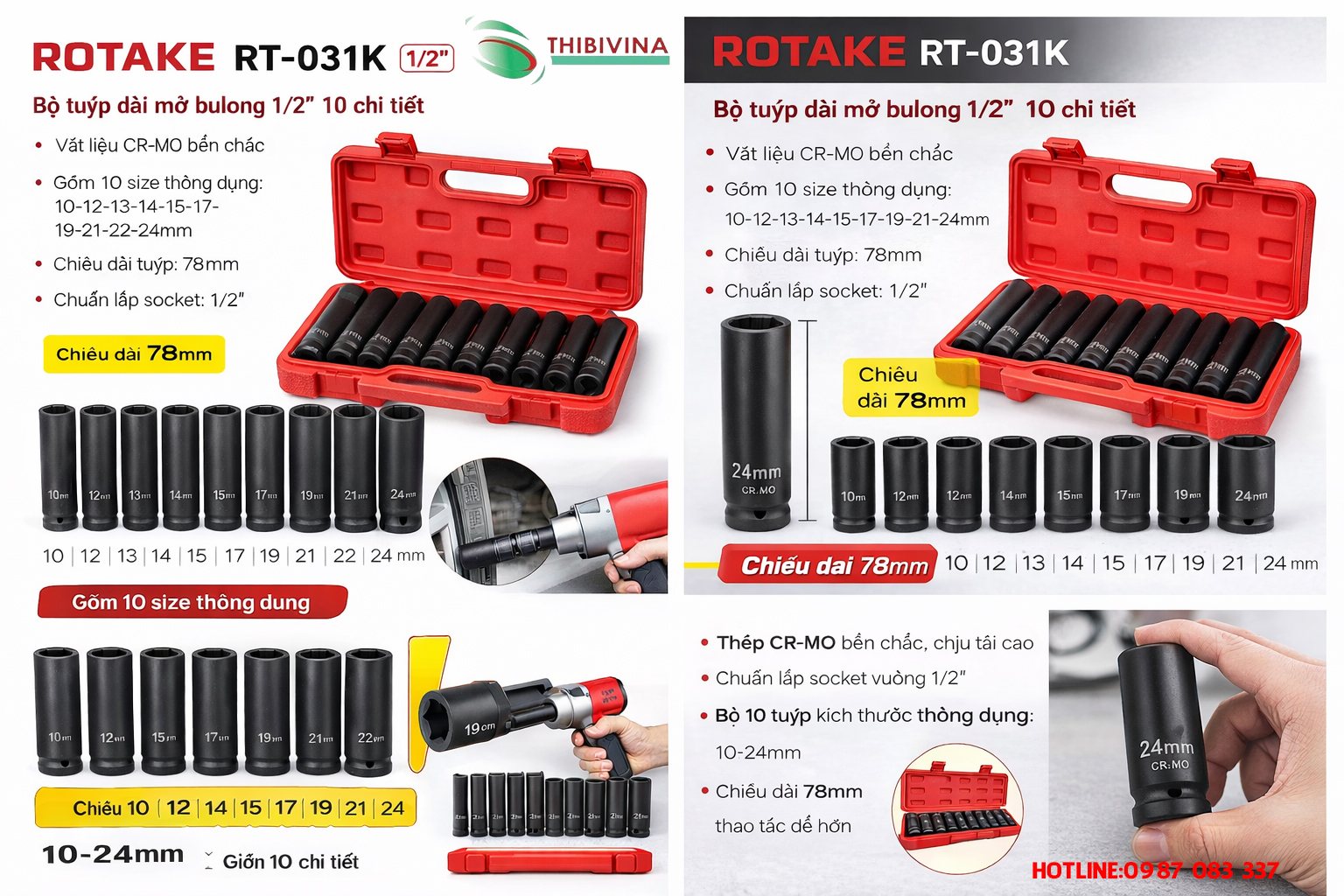 Cận cảnh bộ đầu tuýp dài CR-MO ROTAKE RT-031K size 10mm đến 24mm dùng cho súng vặn bulong