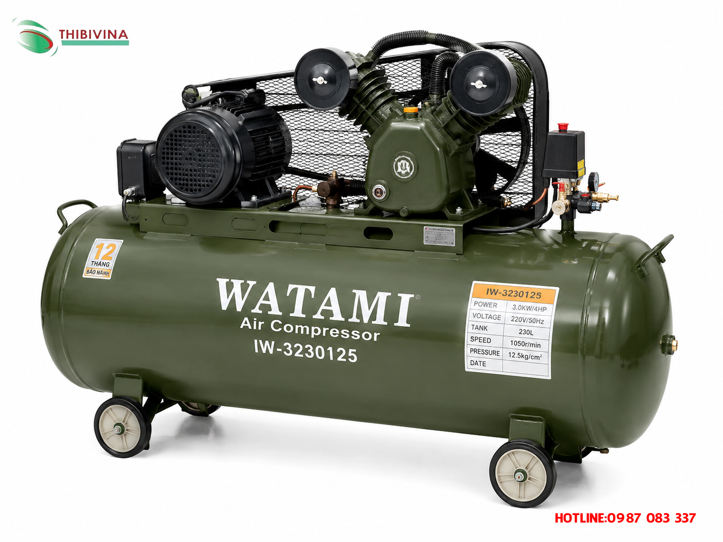 Máy nén khí WATAMI 230L đặt trong garage ô tô, phù hợp xưởng sửa chữa và chăm sóc xe