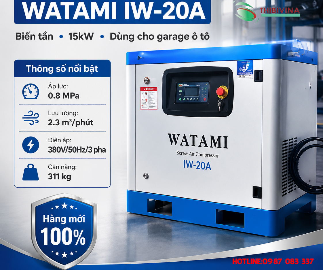 Máy nén khí WATAMI IW-20A đặt trong xưởng sửa chữa ô tô chuyên nghiệp
