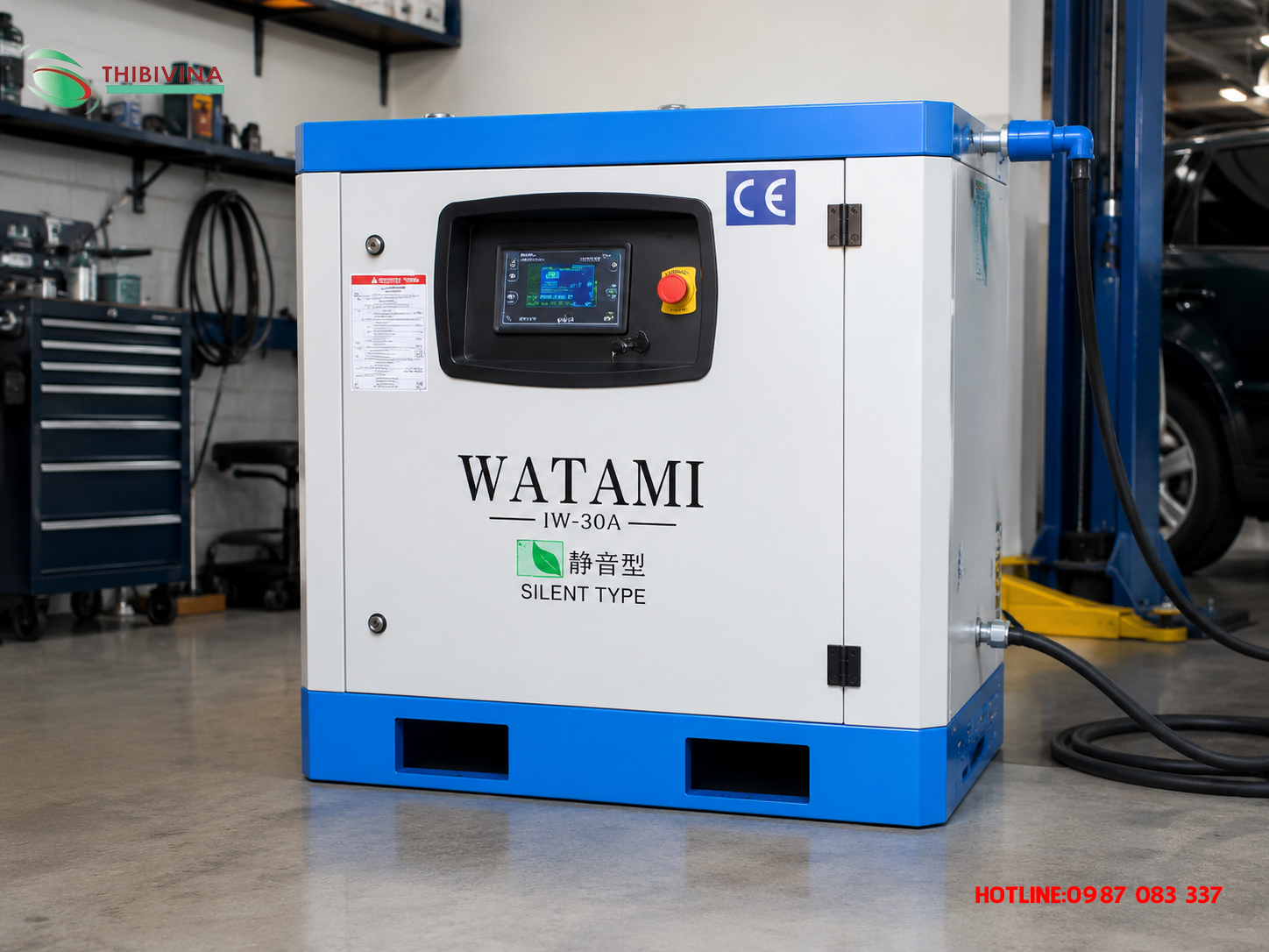 Máy nén khí WATAMI IW-30A lắp đặt trong garage sửa chữa ô tô