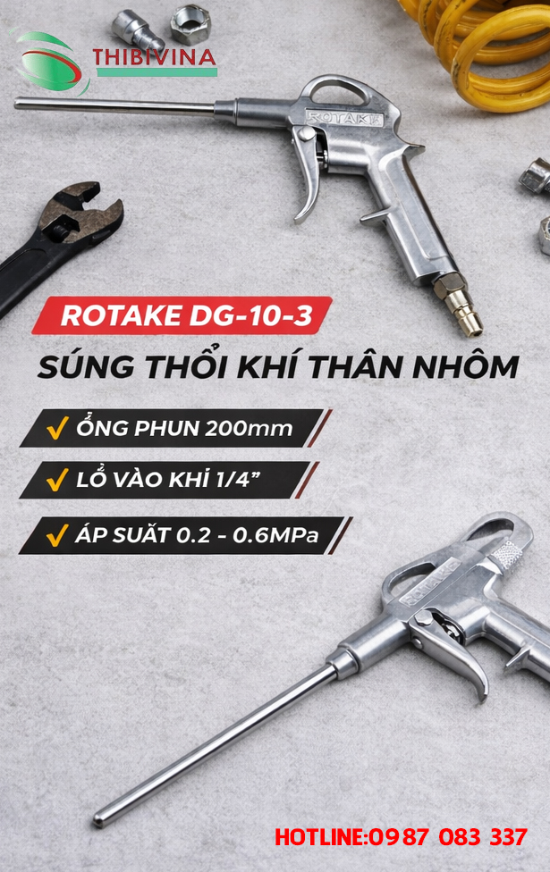 Thông số súng thổi khí ROTAKE DG-10-3 ống phun 200mm lỗ vào khí 1-4 inch